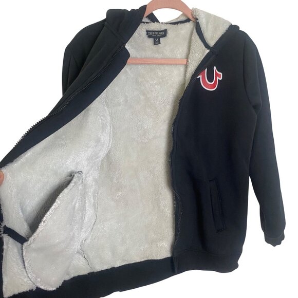 True Religion Hoodie Jacket Youth L 14-16 Black Sherpa Lined Zip-Up - Picture 4 of 11